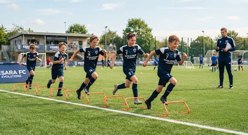 Young athletes running agility drills on the training pitch